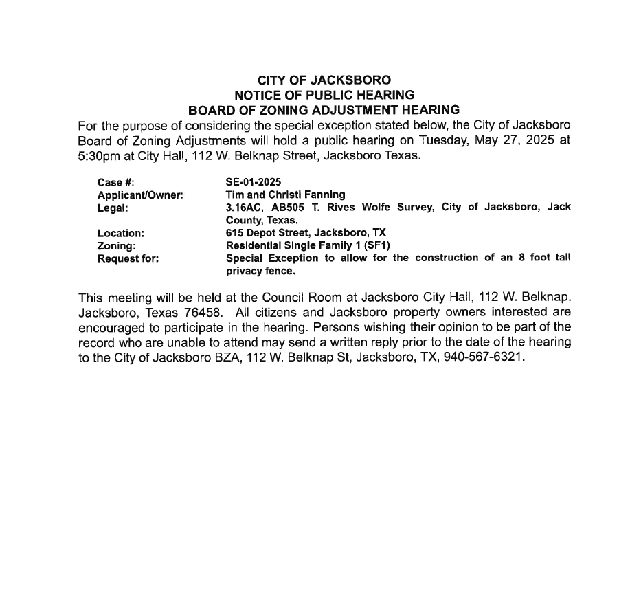 BZA SE 01-2025 Notice of Hearing