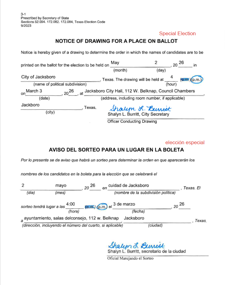 Notice of Drawing Special Election