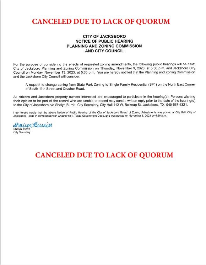 PUBLIC HEARING CANCELED PZ