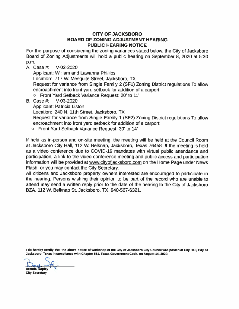 BZA Public Hearing Notice 9-8-2020