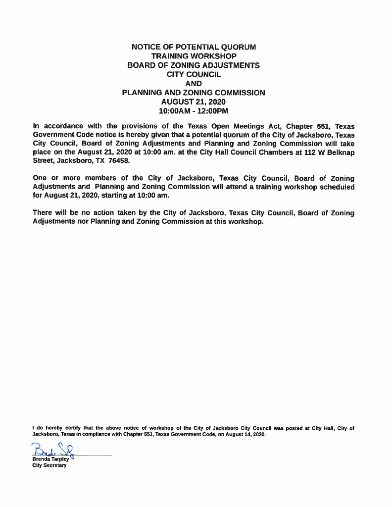 Training Workshop Agenda and Notice of Potential Quorum 8-21-2020 Council-BZA-PZ Page 1